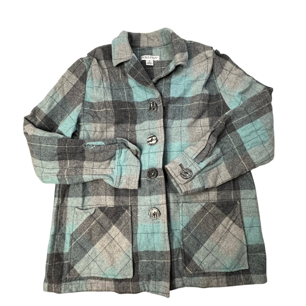 Pendleton Jacket Womens Medium Gray Teal Plaid 100% Wool Button Front Pockets